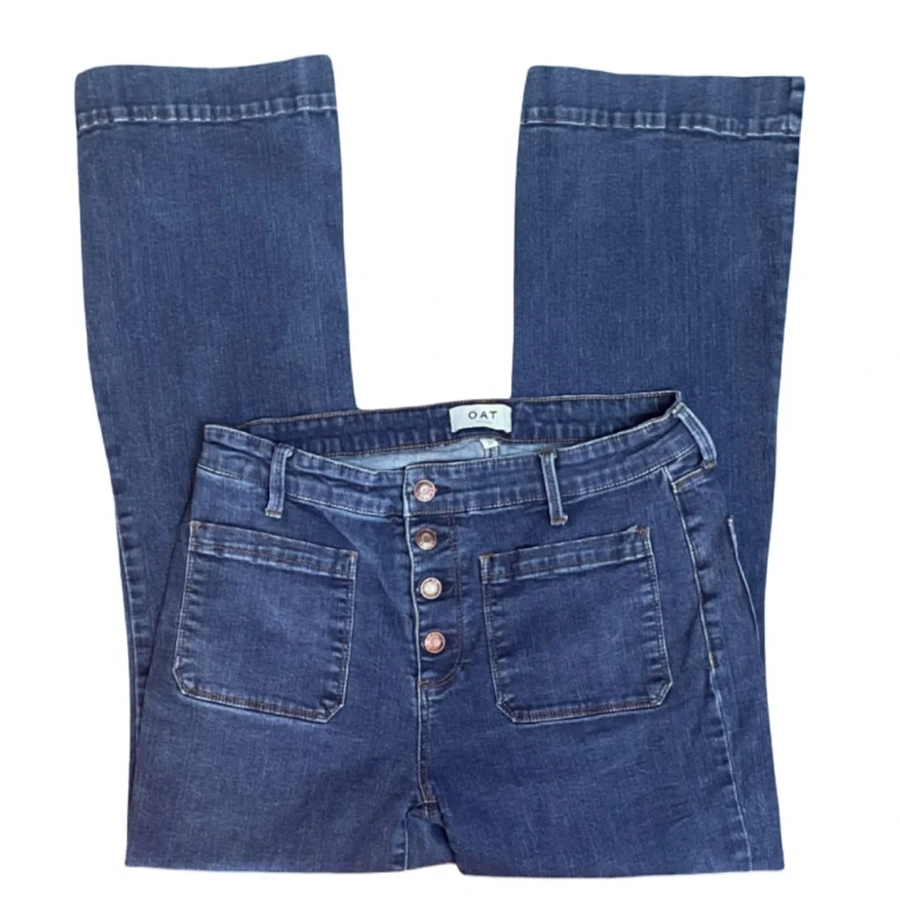 OAT New York Wide Leg Wide Hem Button Close Sailor Style Blue Denim Jean Size 29